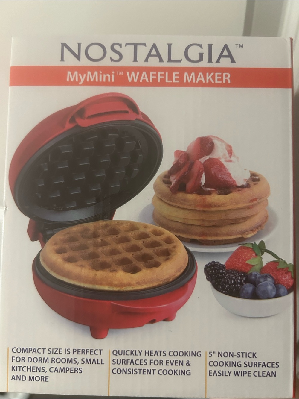 Nostalgia Red Mini Waffle Maker with Black Nonstick Plate new in box